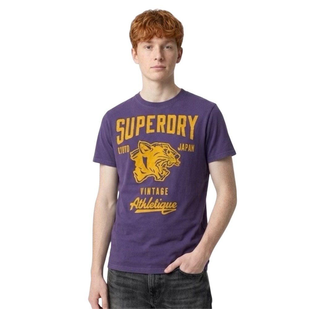 Superdry Mens Vintage Athletique Tiger Graphic T-Shirt Purple Large Kyoto Japan
